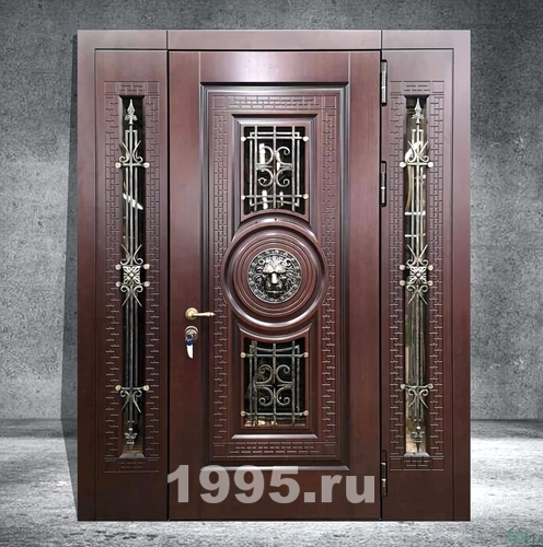Парадная дверь с остеклением, боковыми вставками и декором